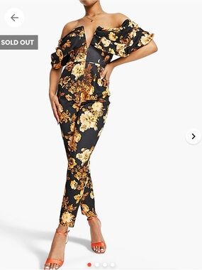 ASOS off the shoulder Black Jumpsuit with Gold Floral Print size 8